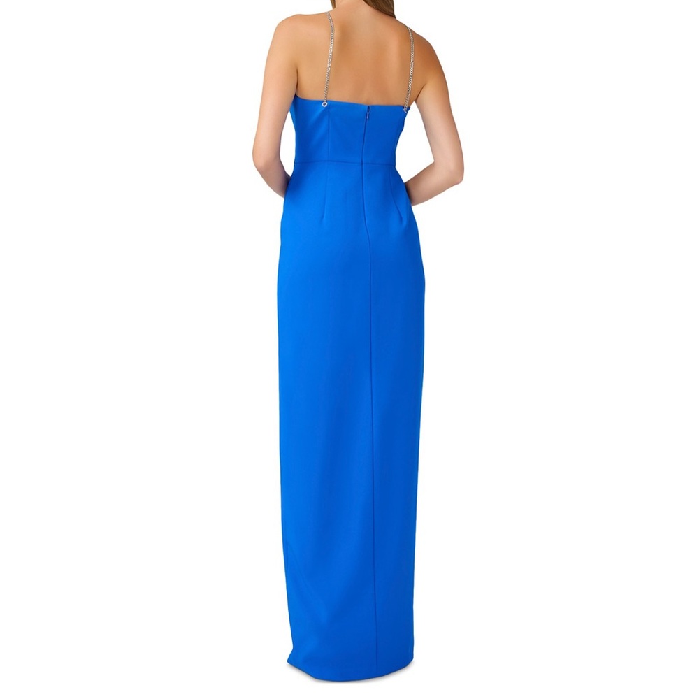 NWT Aidan by Aidan Mattox Crepe Halter Chain Trim Elegant Blue Evening Gown - Picture 2 of 4